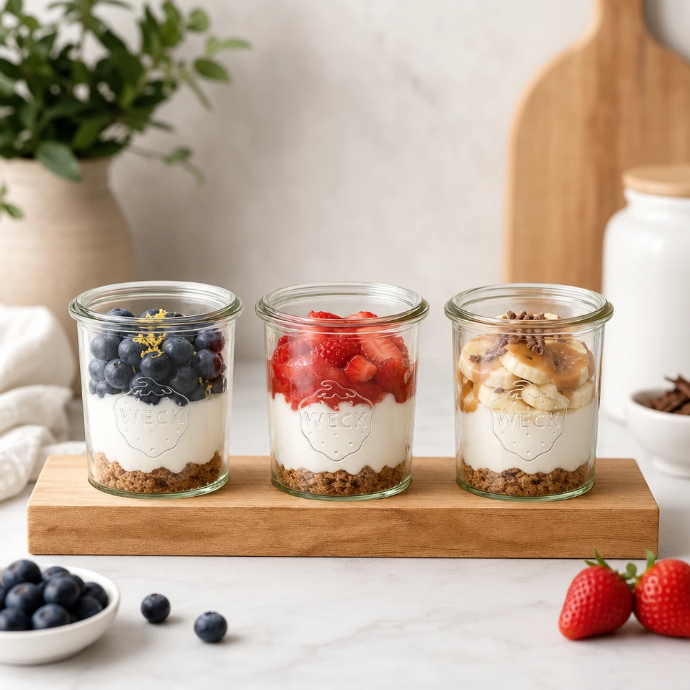 Tagliere Plano3 con 3 vasetti Weck da 160 ml Tavola da portata Plano3 con vasetti Weck come parfait di yogurt con frutti di bosco, granola e noci in una cucina chiara
