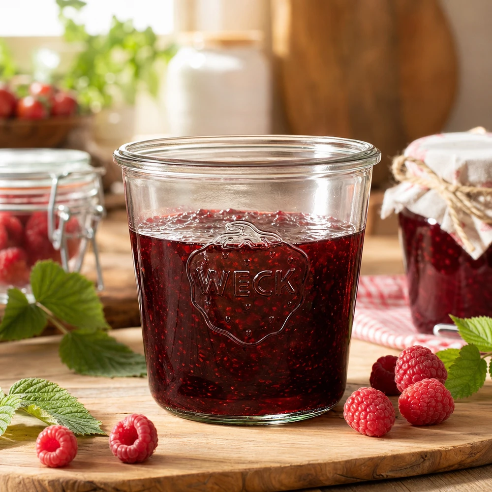 WECK Sturzglas 580ml RR100 mit Himbeermarmelade gefüllt auf Holzbrett mit frischen Himbeeren und Minzblättern