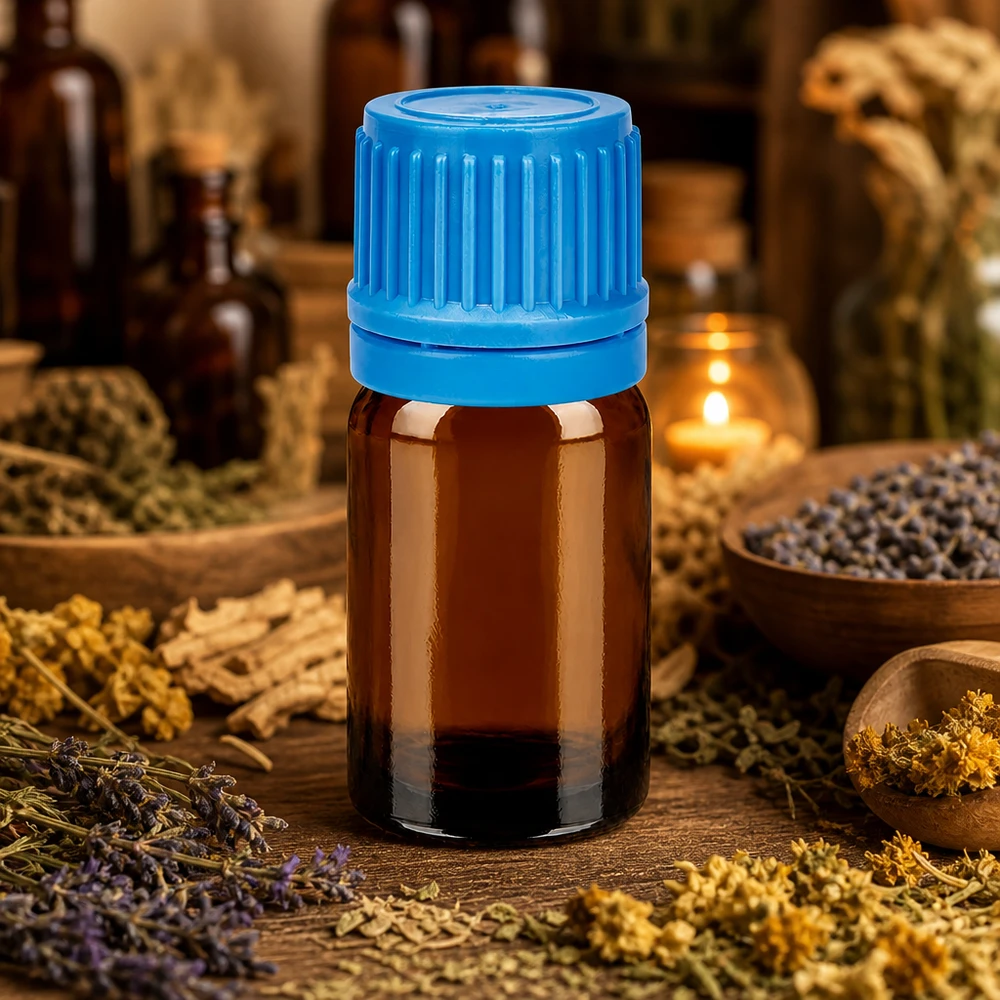 Flacone in vetro BrownLine da 5 ml con protezione UV e tappo a vite blu da 11 mm per aromaterapia