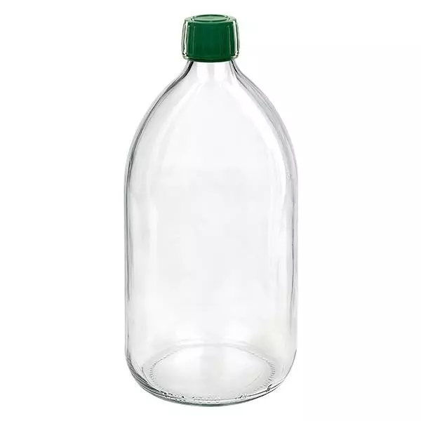 1000ml Medizinflasche klar, Verschluss grün mit Originalitätsring ApoGlas 1000ml Medizinflasche klar, Verschluss grün mit Originalitätsring ApoGlas