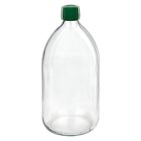Flacone per medicinali da 1000ml trasparente, tappo verde con chiusura antimanomissione Flacone per medicinali da 1000ml trasparente, tappo verde con chiusura antimanomissione