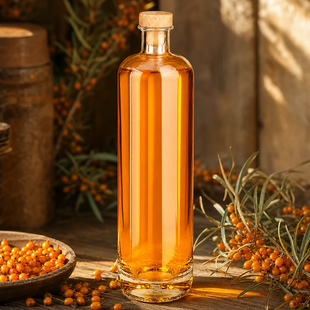 Bottiglia in vetro da 700 ml Ella con tappo in sughero con impugnatura in legno UNiTWIST® Bottiglia di vetro da 700 ml di Ella riempita con liquore all'olivello spinoso e tappo di legno tra bacche fresche di olivello spinoso su un tavolo di legno