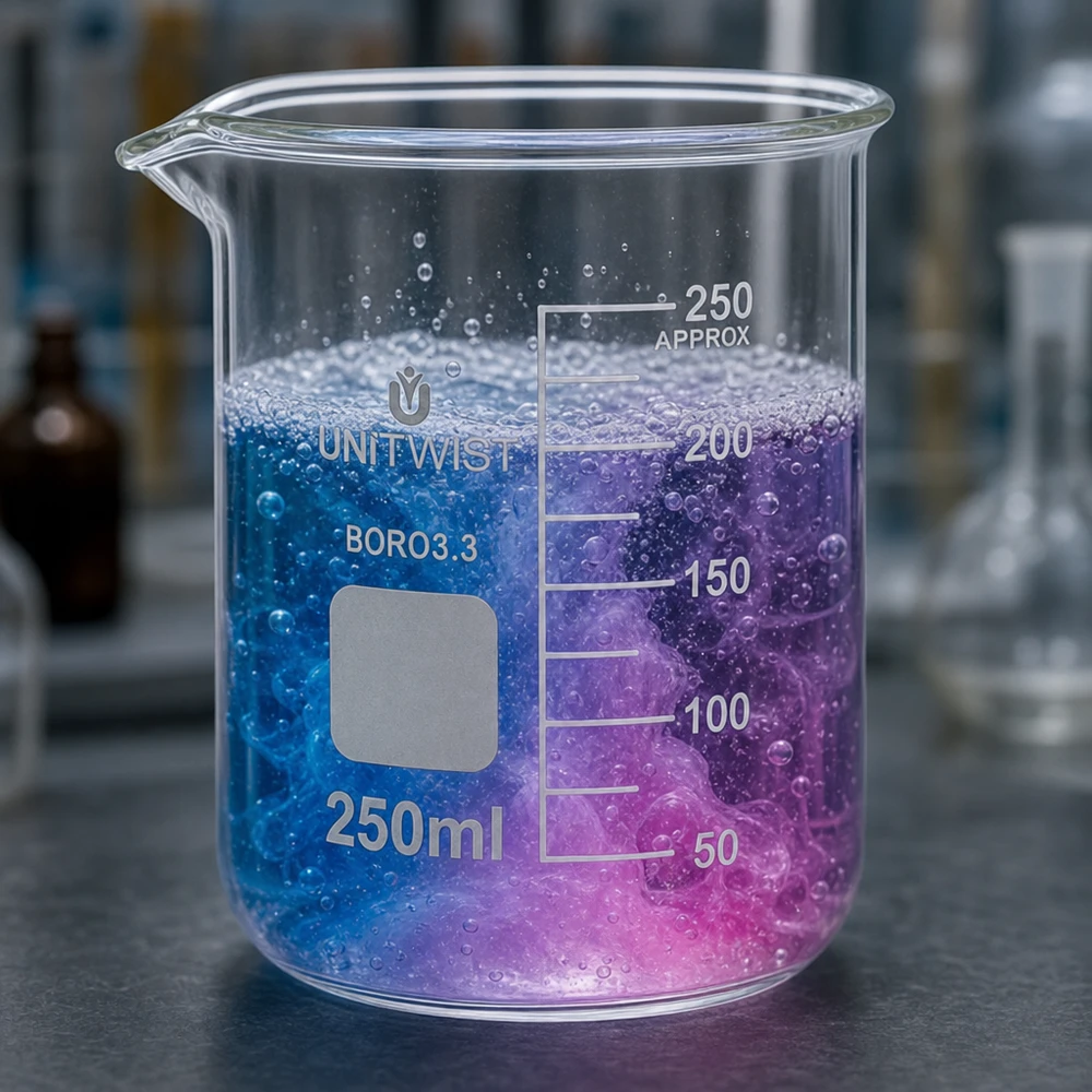 Bicchiere 250ml borosilicato, stampo basso UNiTWIST Bicchiere da laboratorio da 250 ml, forma bassa, con reazione blu-viola, in borosilicato 3.3 resistente al calore