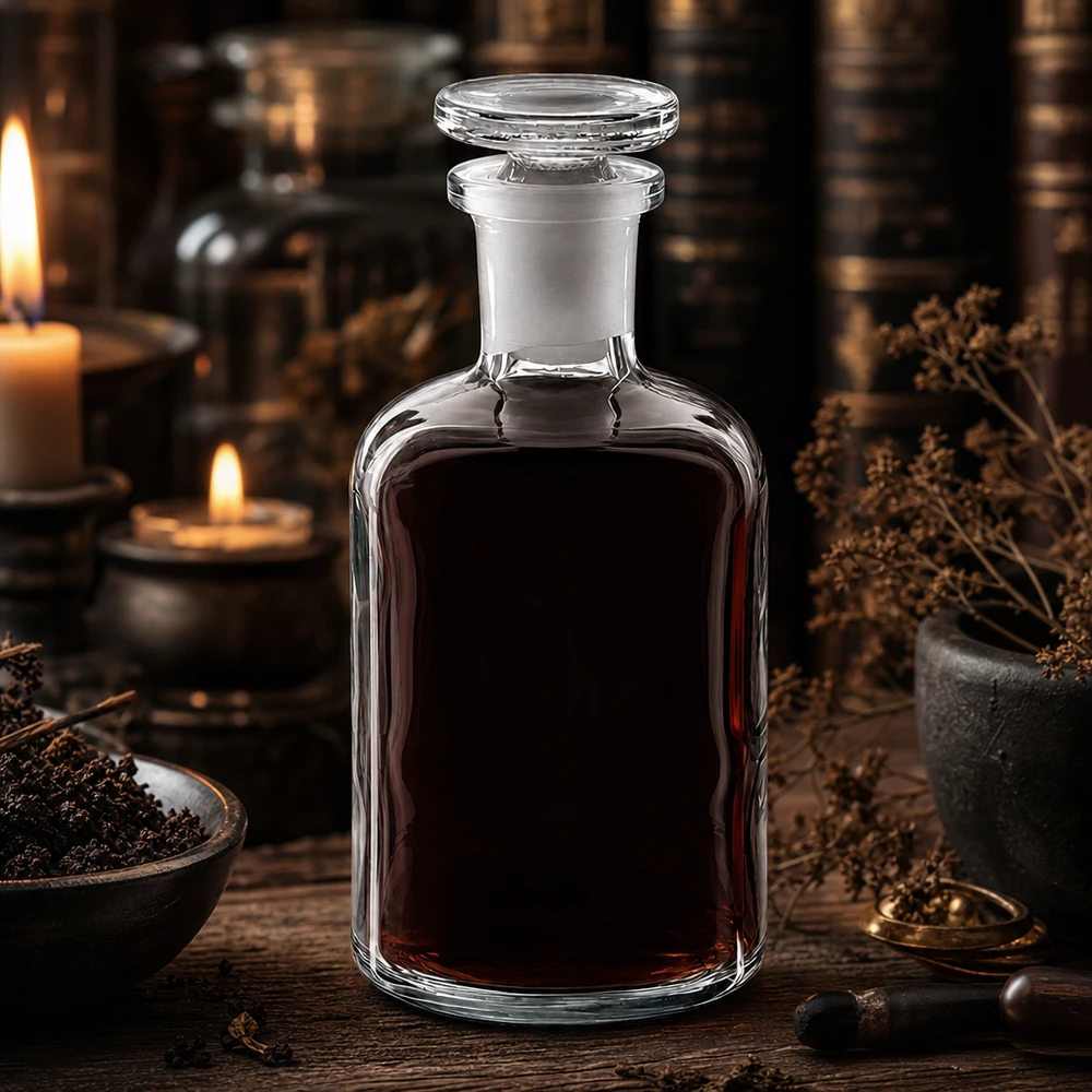 Bottiglia a spalla tonda 100ml chiara a collo stretto in vetro con tappo Tintura scura in flacone da 100 ml con spalle arrotondate, in vetro trasparente, collo stretto, tappo in vetro; atmosfera mistica