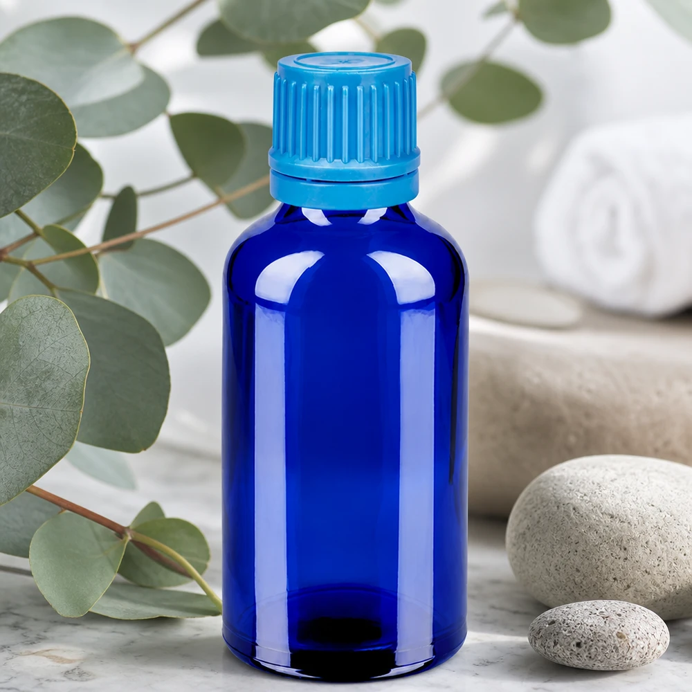 Flacone in vetro da 50 ml, dosabile con precisione, di colore blu con tappo antimanomissione per campioni