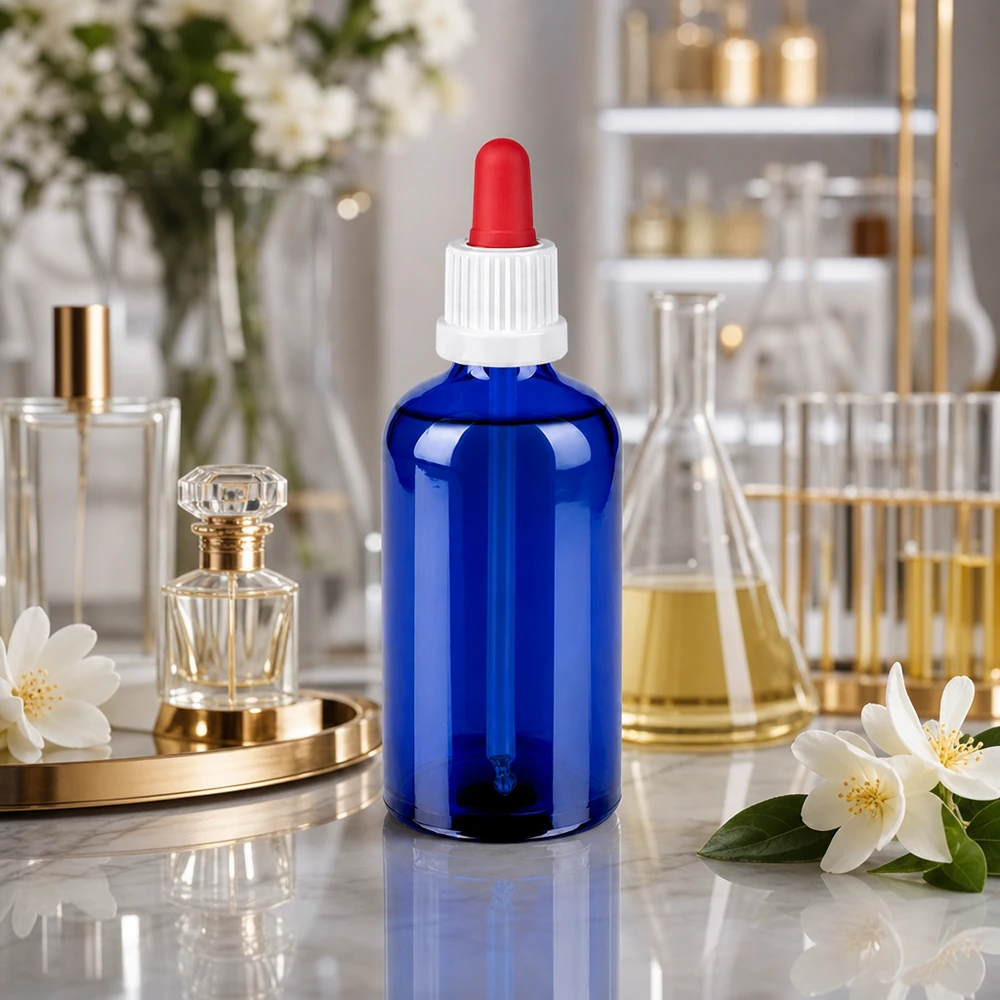 Flacone per pipette da 100 ml bianco/rosso OV BlueLine UT18/100 Flacone in vetro resistente agli agenti chimici da 100 ml in blu cobalto con sistema di chiusura a prova di perdite