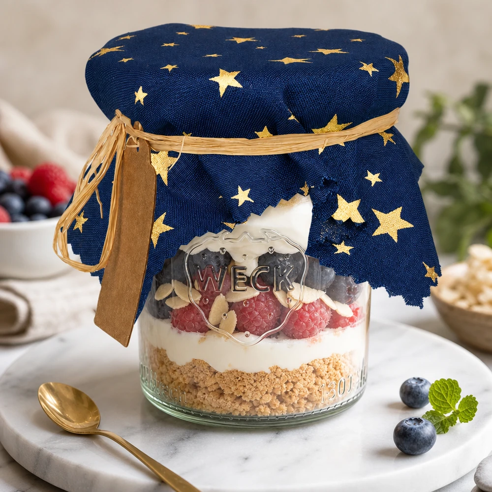 Centrino di stoffa per gioielli blu "stelle" 15cm quadrato Blaues Sternenmuster Schmuckdeckchen auf Dessertglas mit Beeren und Sahne - dekoratives Stoffdeckchen 15cm eckig