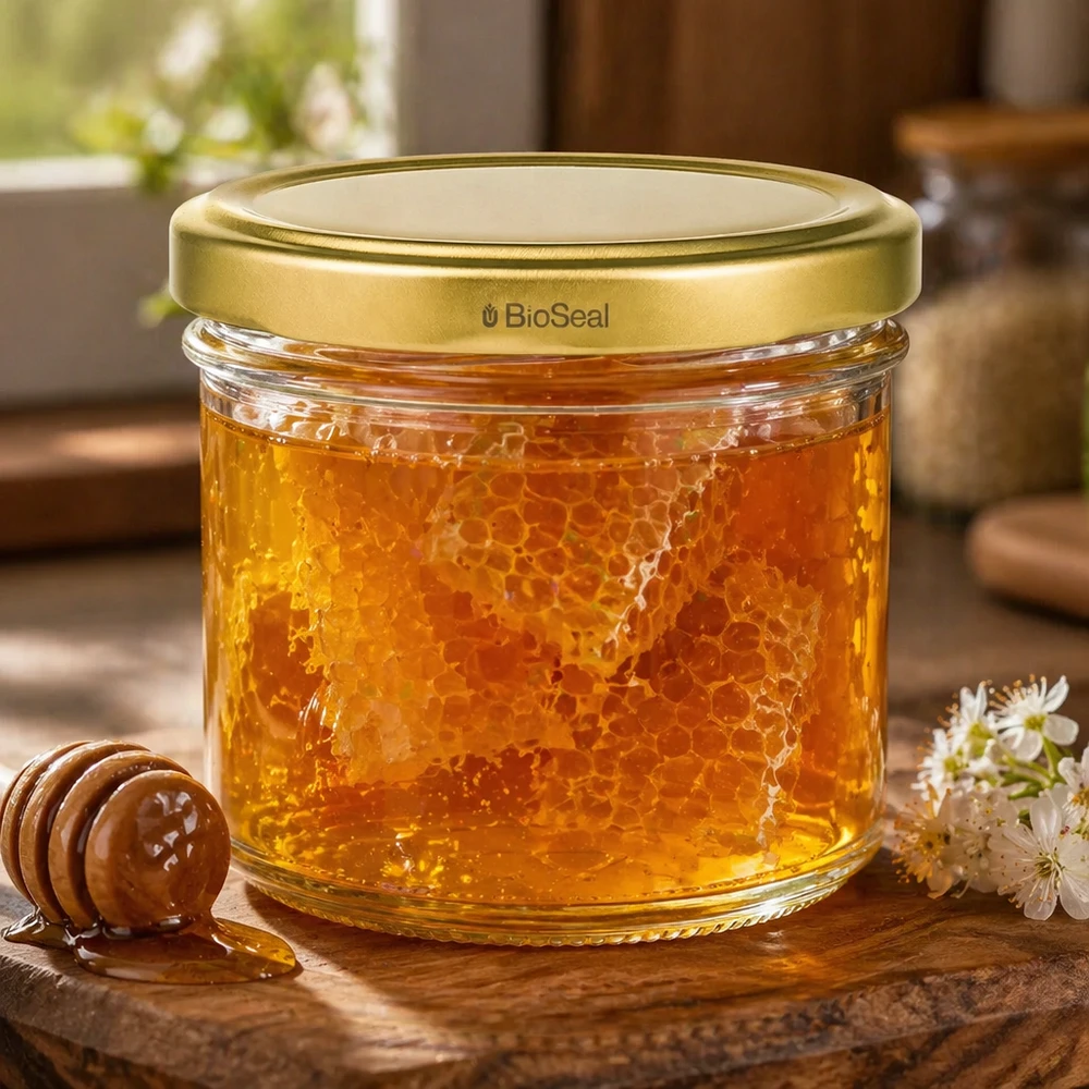 Vasetto di miele UNiTWIST da 125 ml con nido d'ape - coperchio dorato TO66 su base in legno con decorazione floreale e cucchiaio da miele