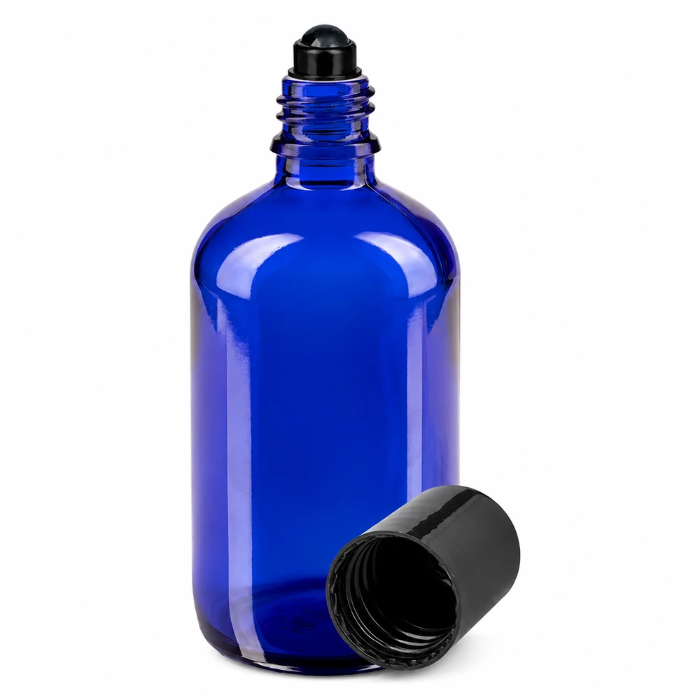 Apothekenflasche blau 100ml Roll-On Verschluss schwarz 100ml Roll-On Flasche aus blauem Schutzglas mit schwarzem Rollball und Deckel