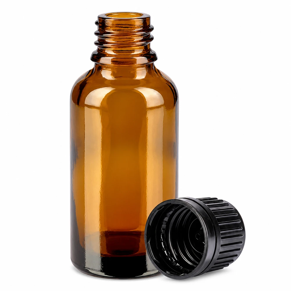Flacone da 30 ml di colore ambrato con tappo a vite nero per applicazioni farmaceutiche