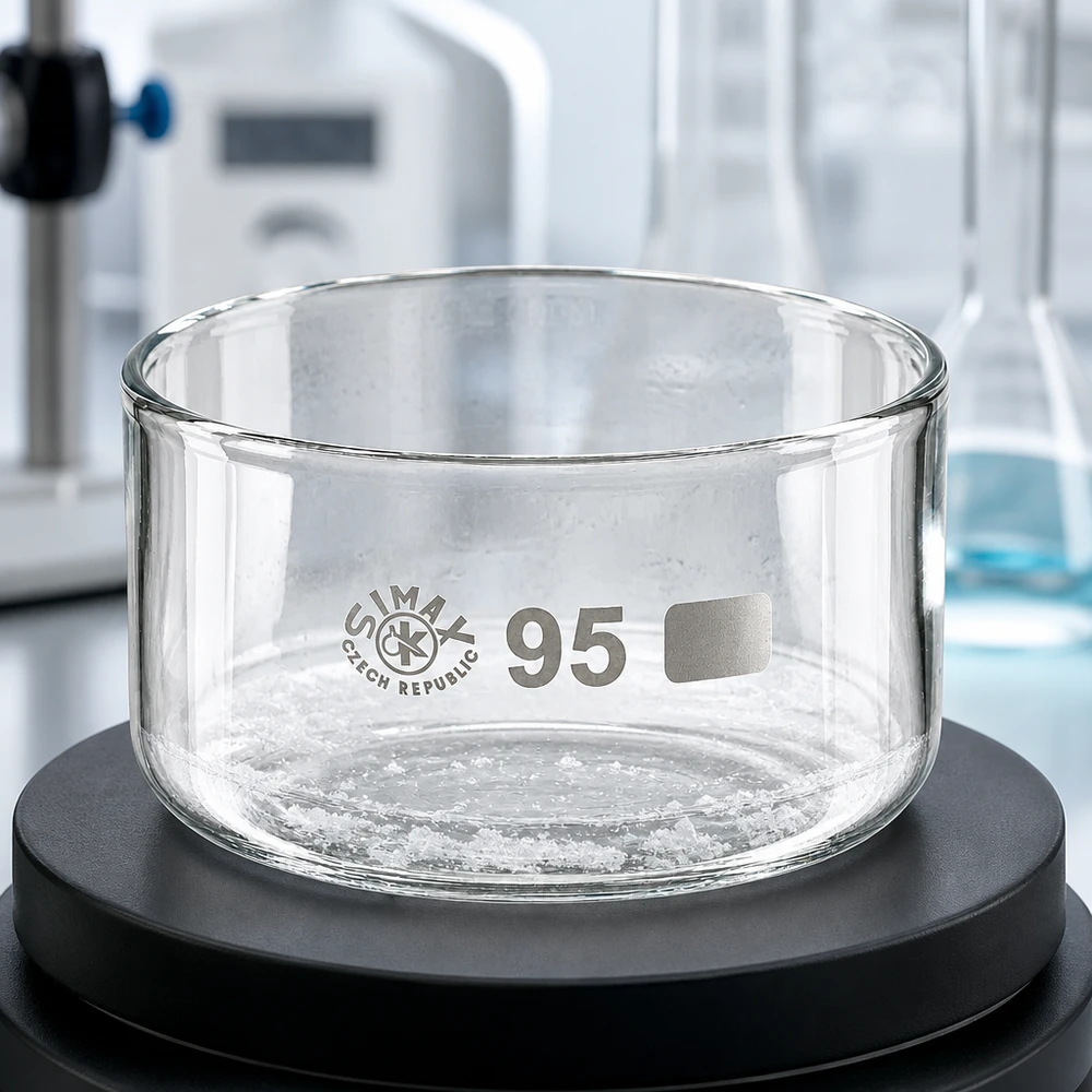 300ml Kristallisierschale ohne Ausguss Borosilikat ø95mm Kristallisierschale ohne Ausguss 300ml Simax auf Analysenwaage Laboraufbau professionelles Glasgerät