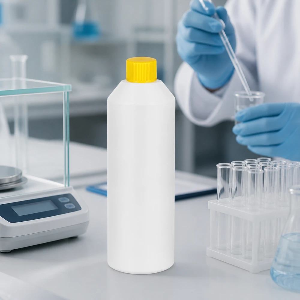 Flacon blanc pour produits chimiques en PEHD de 250 ml avec étiquette jaune « SV » sur une balance de laboratoire