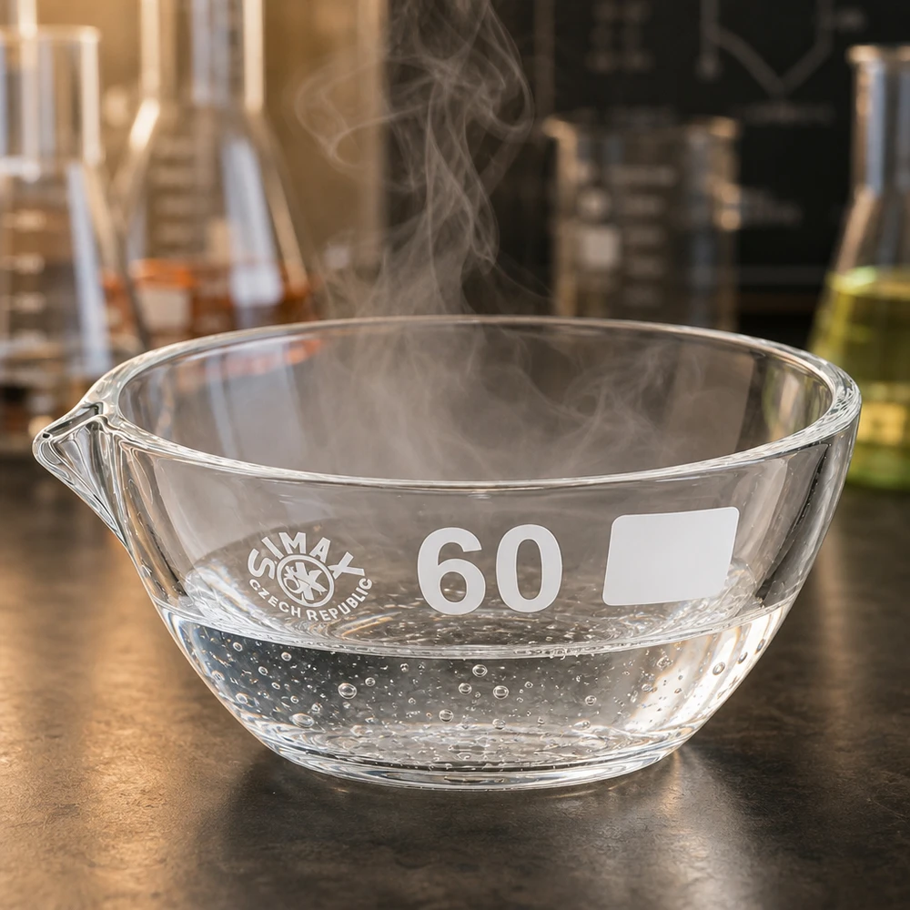 Vaschetta per vapori in borosilicato ø60mm con pratico beccuccio per il trasferimento sicuro dei liquidi