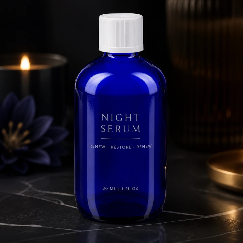 Flacon en verre bleu de 100 ml muni d'un bouchon de sécurité blanc pour enfants, destiné à contenir le sérum de nuit