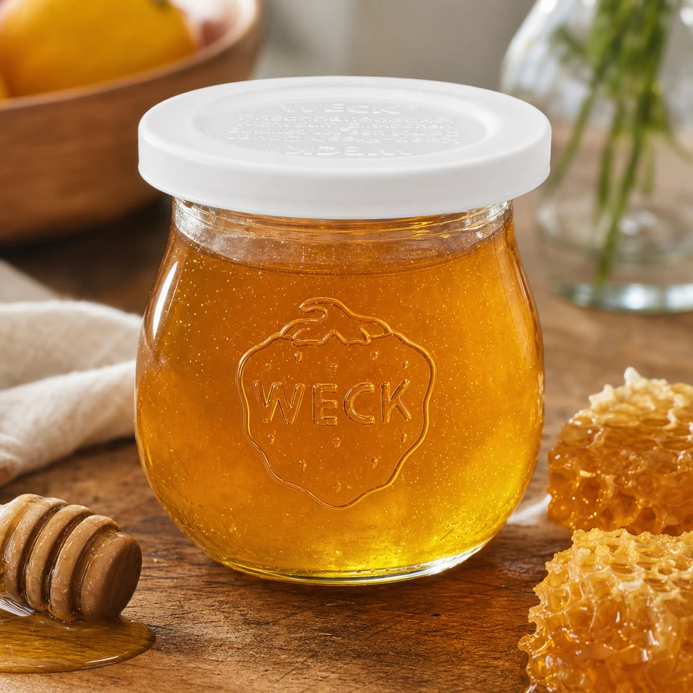 Barattolo a tulipano da 75 ml con coperchio salvafreschezza WECK RR40 WECK Tulpenglas 75ml mit Honig befüllt neben Waben und Honiglöffel zeigt vielseitige Verwendung des RR40 Einmachglases