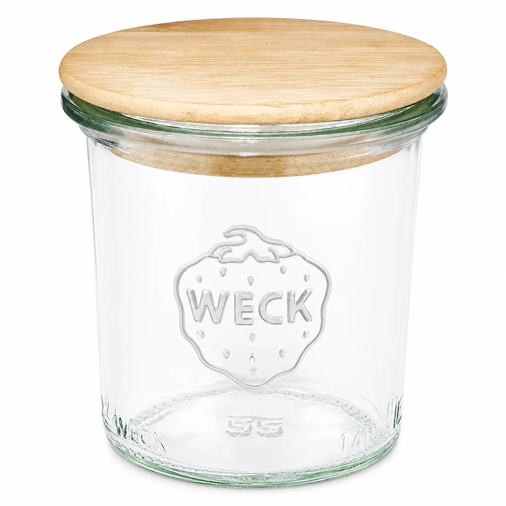 Vaso tumbler WECK RR60 da 140 ml con coperchio in legno Vaso da 140 ml WECK RR60 con coperchio in legno Vaso da 140 ml trasparente con coperchio in legno naturale per cucina
