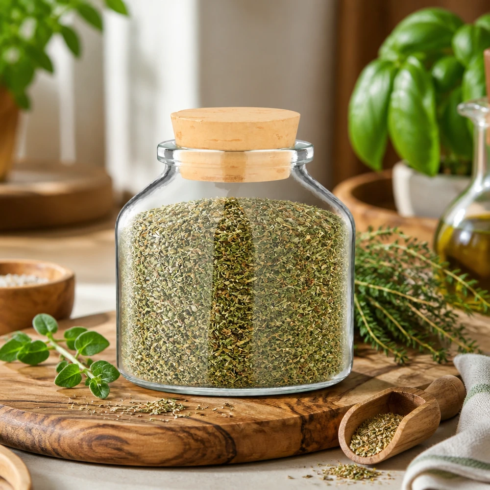 Vaso in vetro trasparente a forma bombata con coperchio in sughero da 100 ml per spezie, ideale per conservare le erbe aromatiche in cucina