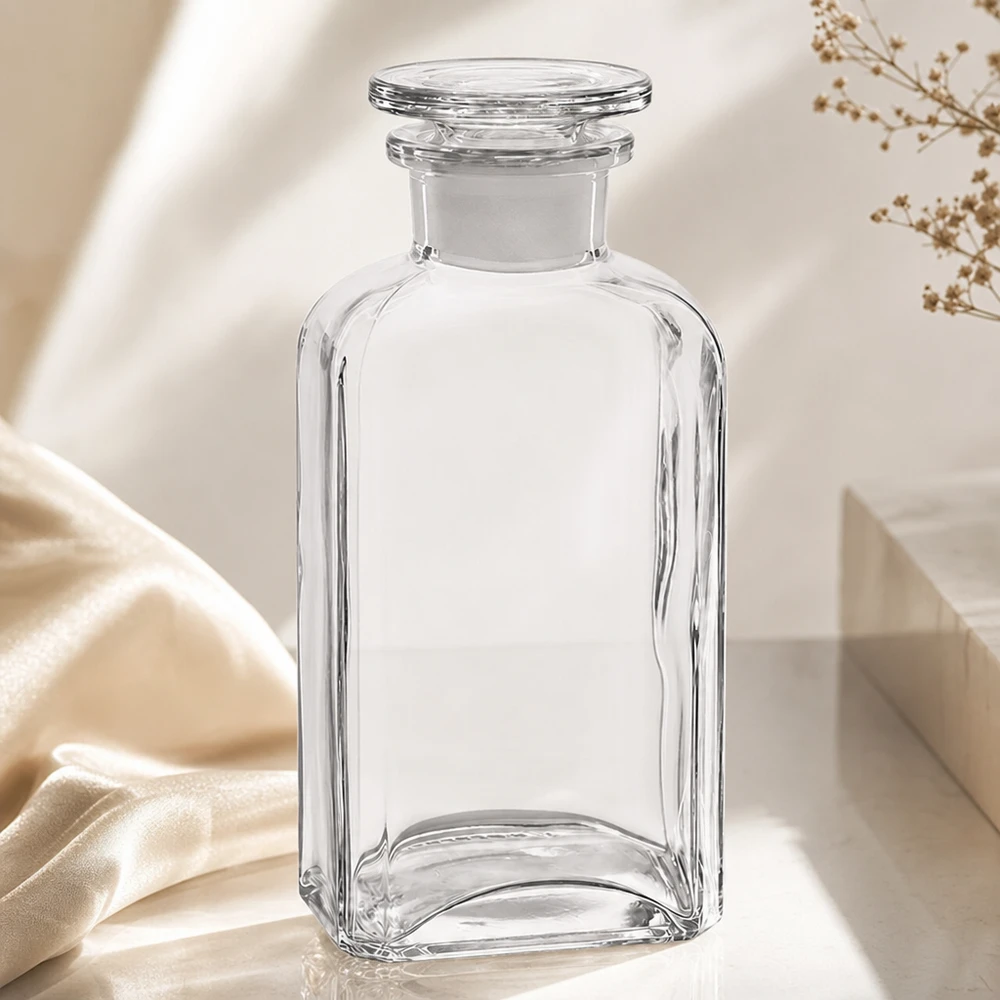 Bottiglia quadrata da 250 ml con collo largo e tappo in vetro Bottiglia vuota quadrata da 250 ml in vetro trasparente con tappo, su una superficie bianca accanto a un tessuto di seta
