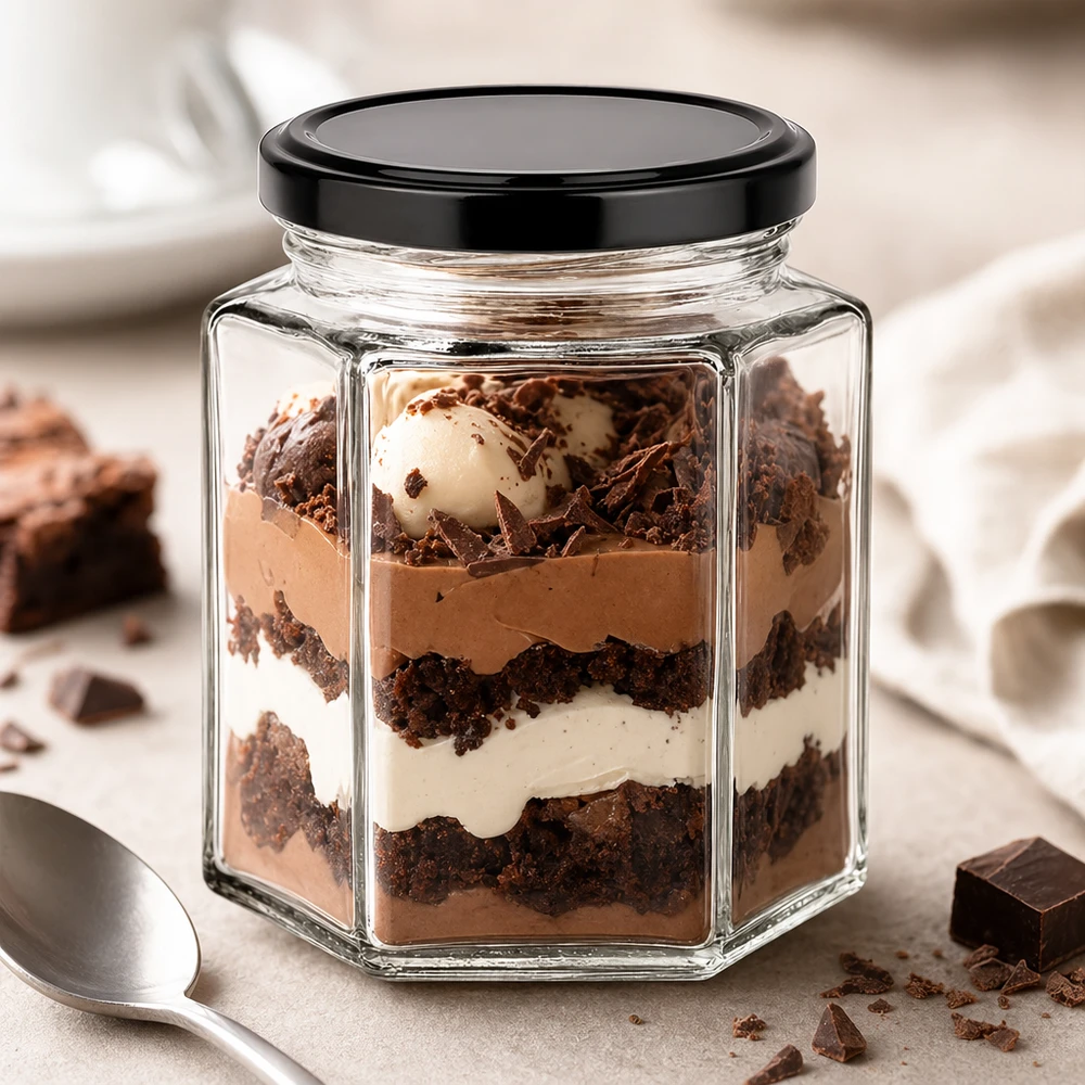 196ml Hexaglas mit BasicSeal Deckel schwarz UNiTWIST 196ml Hexaglas mit schwarzem Deckel als Dessertglas für Schichtdessert mit Schokolade und Sahne auf Küchentisch