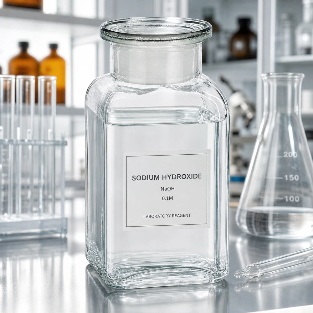 Bottiglia quadrata da 100 ml in vetro trasparente a collo largo con tappo in vetro NS Fiaschetta da laboratorio quadrata da 100 ml trasparente con soluzione di idrossido di sodio (NaOH) e tappo in vetro, a collo largo