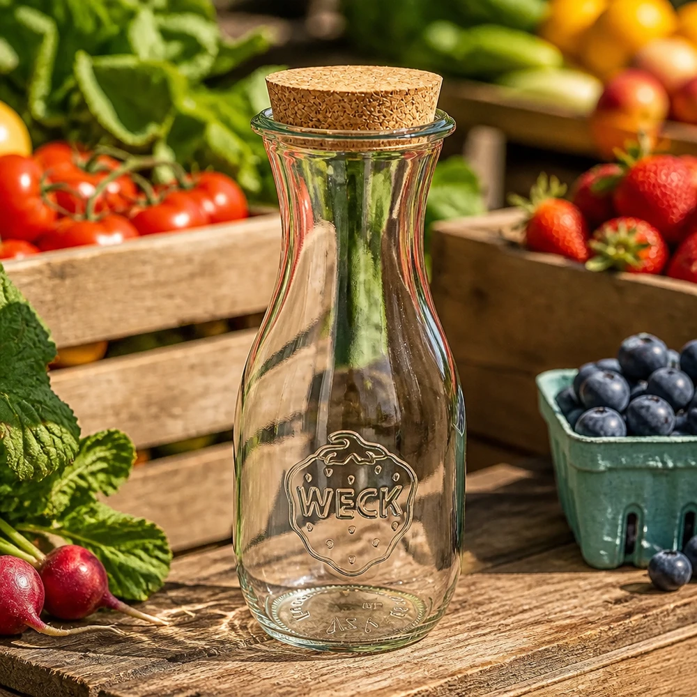 530ml Saftflasche WECK RR60 mit Korken natur WECK Saftflasche 530ml leer mit Korkverschluss zwischen frischem Obst und Gemüse auf Holztisch natürliche Küche