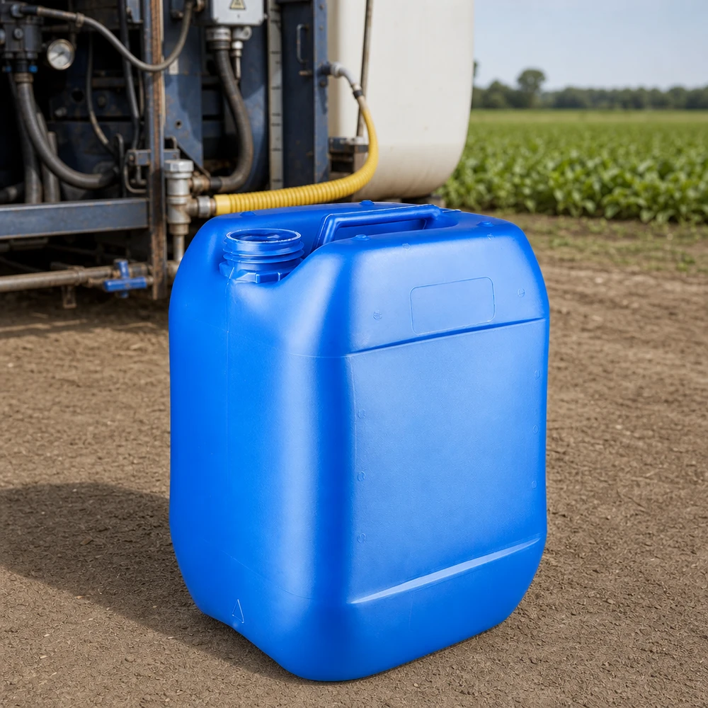 Stapelbarer blauer Leerkanister 10 Liter ohne Verschluss für Agrarchemikalien im Außenbereich