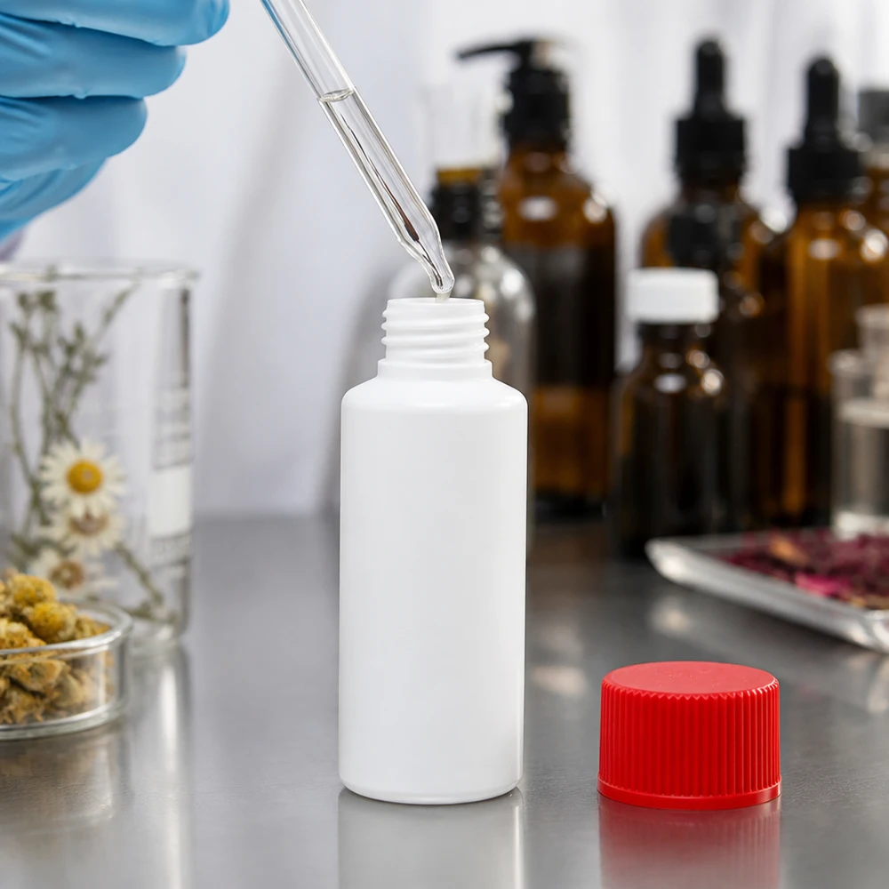 Flacon en PEHD de 30 ml, blanc et rouge, destiné au conditionnement pharmaceutique en laboratoire