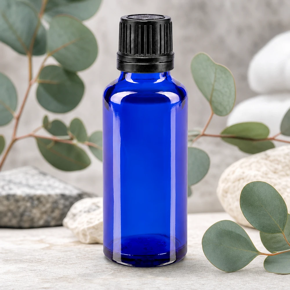 Blaue Apothekerflasche 30ml GR-Ausführung mit schwarzem Sicherheitsverschluss 8mm Öffnung