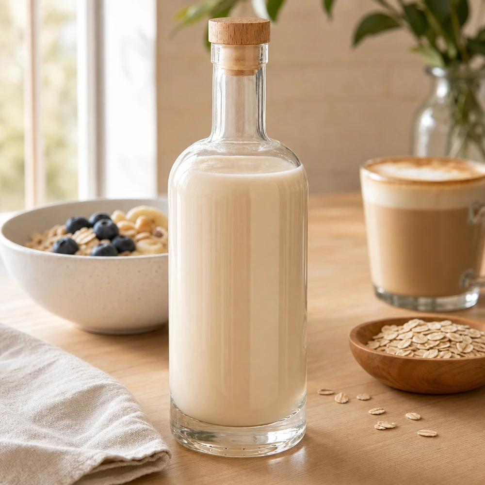 Bottiglia in vetro da 750 ml Emma con tappo in sughero con impugnatura in legno UNiTWIST® Bottiglia di vetro da 750 ml Emma con tappo di legno riempita di latte d'avena accanto a una ciotola di cereali e una tazza da caffè su un tavolo di legno