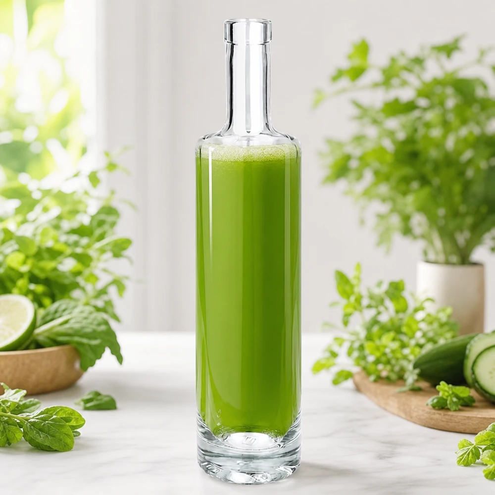 Bottiglia di vetro da 500 ml di Lina riempita di frullato verde tra erbe e verdure fresche in una scena di cucina naturale