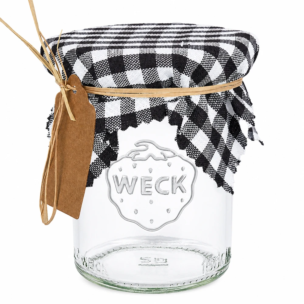 Vaso Weck con coperchio in tessuto a scacchi bianchi e neri e fiocco in rafia, contenitore decorativo in stile rustico