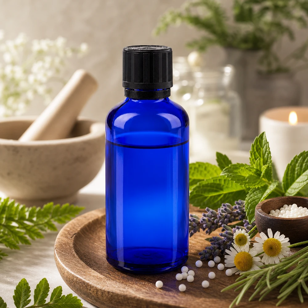 Flacon à pharmacie bleu 50ml bouchon inviolable 1mm noir sécurité enfant adapté aux aveugles bouchon inviolabilité Flacon en verre bleu de 50 ml avec bouchon noir, posé sur un plateau en bois et entouré de camomille et de feuilles de menthe