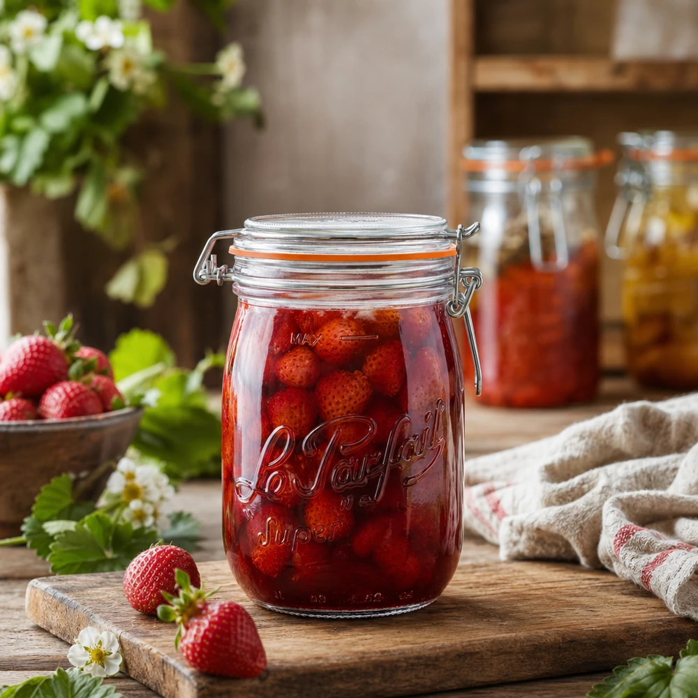 Vasetto Le Parfait® 1 L Ø85 mm conserve Barattolo Le Parfait da 1000 ml con tappo girevole riempito di fragole su tavola di legno in cucina rustica