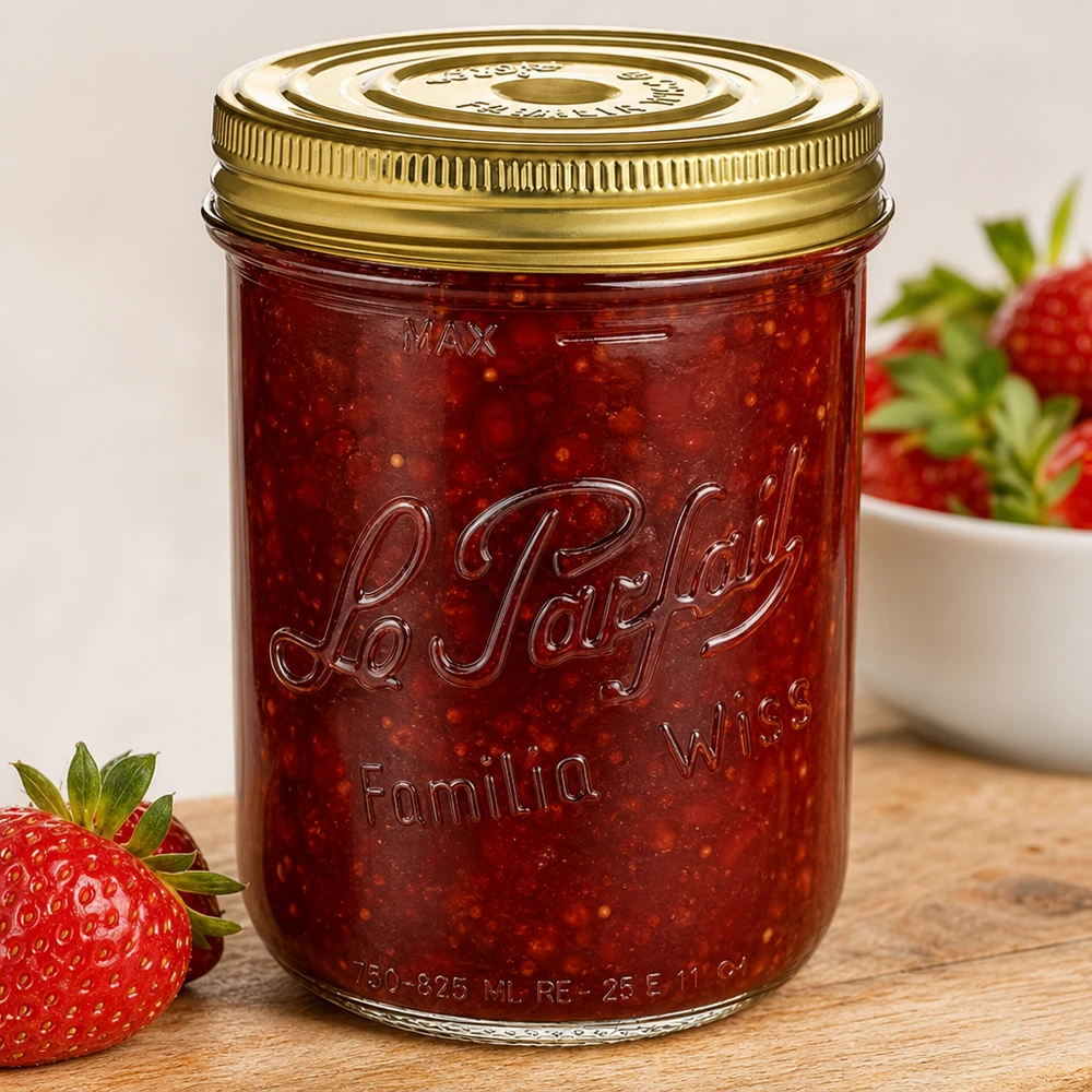 Le Parfait® Familia Wiss 1 kg Ø100 mm vaso Familia Wiss vaso da 1020 ml con coperchio a vite riempito di marmellata di fragole accanto a fragole fresche