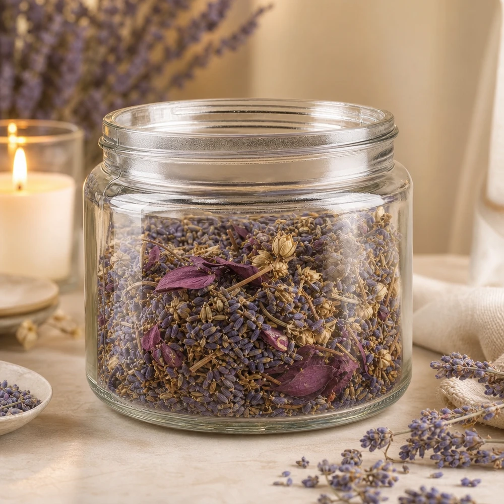 Vasetto per unguenti (vasetto di vetro) 250 ml trasparente, senza coperchio Vaso di vetro da 250 ml riempito di lavanda ed erbe essiccate, per conservare in modo rustico e decorativo tè e spezie.