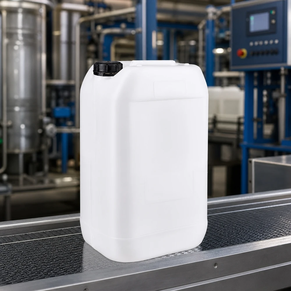 Kanister 15 Liter mit Schraubverschluss Originalitätsverschluss Kompakter Viereckkanister 15 Liter mit schmalem Ausgießer und schwarzem Schraubdeckel OV