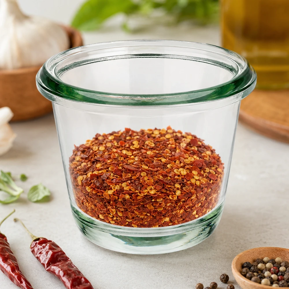 Barattolo da 80 ml per gourmet WECK RR60 WECK vaso gourmet RR60 80ml riempito con fiocchi di peperoncino rosso tra peperoncini secchi e pepe in grani