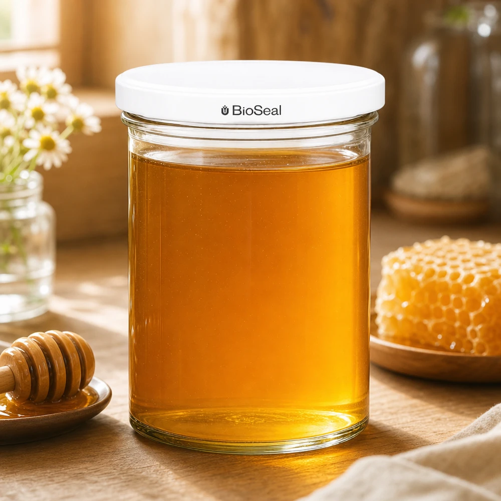 I tumbler UNiTWIST da 435 ml riempiti di miele accanto a un nido d'ape e a un cucchiaio per il miele mostrano la conservazione naturale degli alimenti