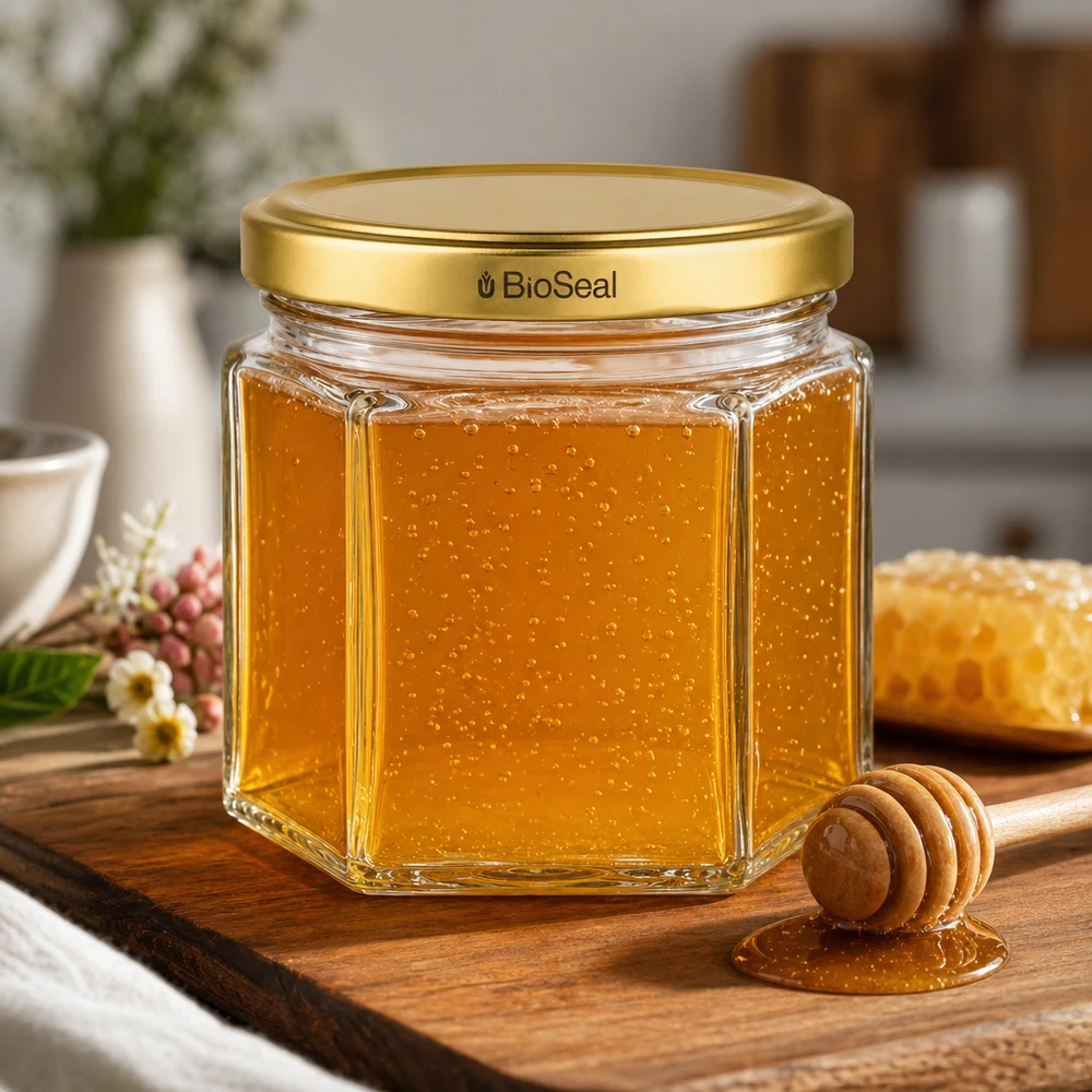 47ml Hexaglas mit BioSeal Deckel gold UNiTWIST UNiTWIST Hexa47 Honigglas mit goldenem TO43 BioSeal Deckel auf Holzbrett mit Honiglöffel in natürlicher Küche