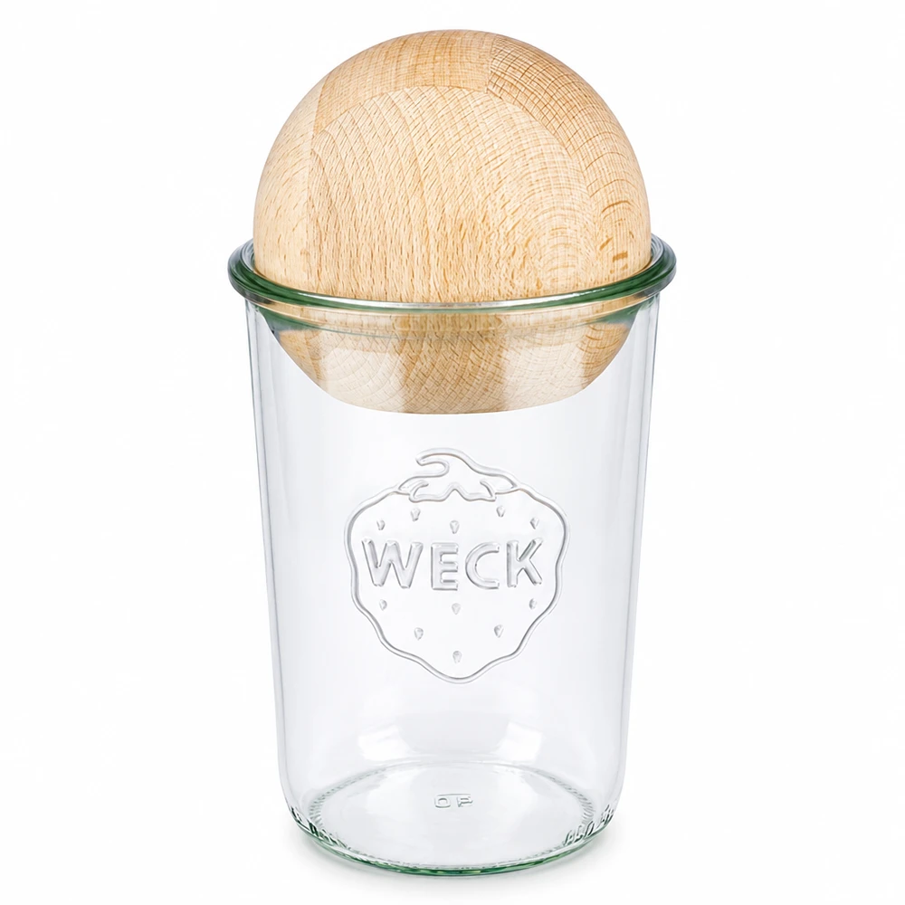 Vaso a tulipano da 850 ml WECK RR100 con sfera in legno di faggio WECK RR100 tumbler 850ml con coperchio a sfera in legno di faggio, vaso da conserva trasparente con coperchio in legno