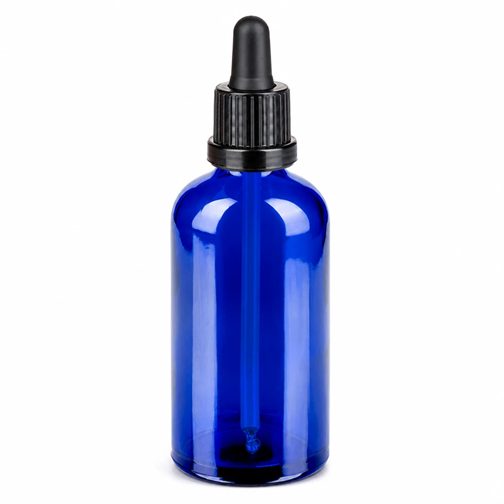 Flacon à pipette 100ml noir OV BlueLine UT18/100 Bouteille en verre premium avec pipette 100ml en bleu pour huiles essentielles et sérums