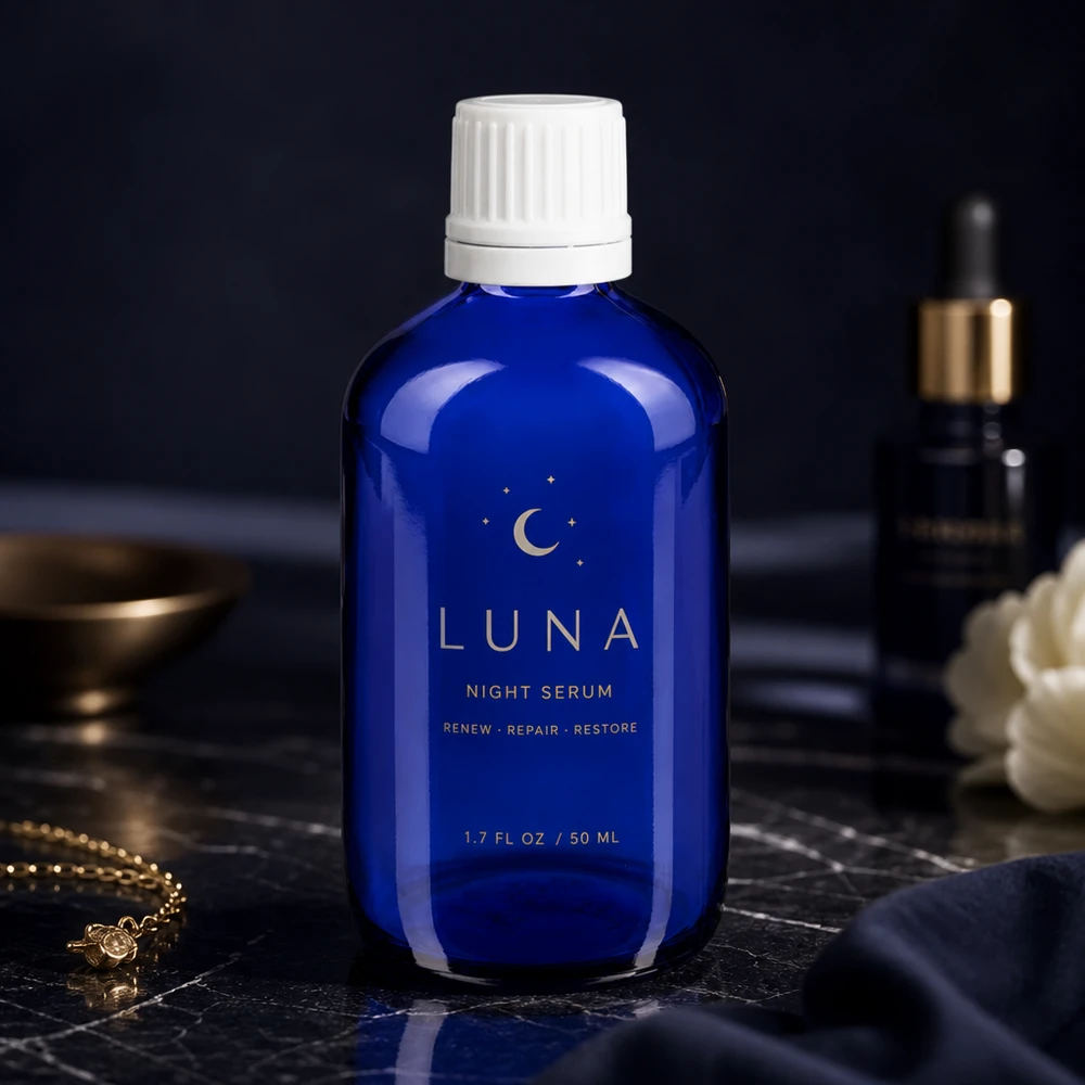 Flacon de pharmacie bleu 100ml bouchon compte-gouttes 1.2mm blanc bouchon inviolabilité Flacon en verre d'apothicaire bleu cobalt de 100 ml avec bouchon compte-gouttes blanc pour sérum de nuit et huiles de soin