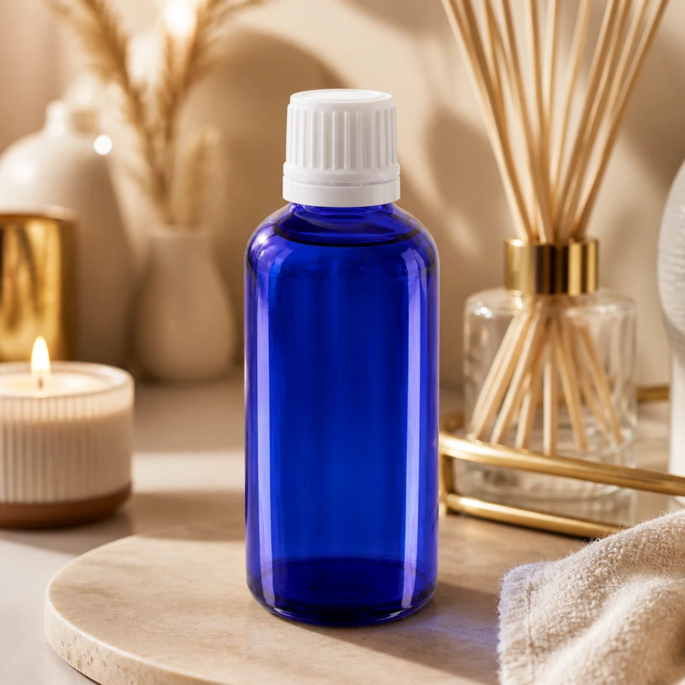 Flacon de pharmacie de 50 ml en verre bleu avec bouchon doseur blanc, destiné aux cosmétiques et à l'aromathérapie