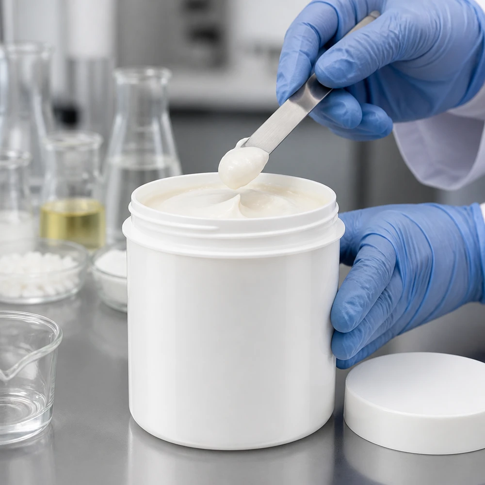 Flacon à col large de 200 g en PP blanc destiné à la fabrication de pommades, muni d'un bouchon à vis adapté, de qualité laboratoire