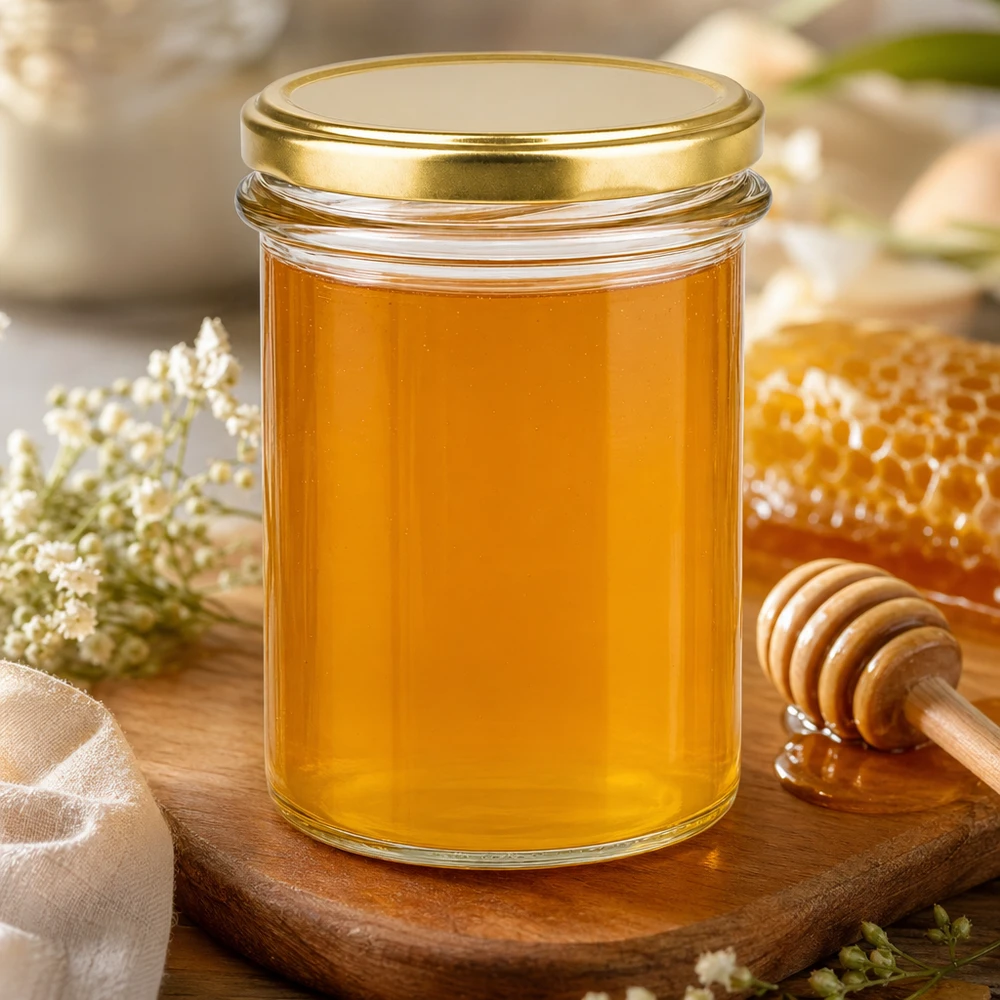 Bicchieri da 230 ml riempiti di miele BasicSeal coperchio oro UNiTWIST su tavola di legno con nido d'ape e cucchiaio da miele