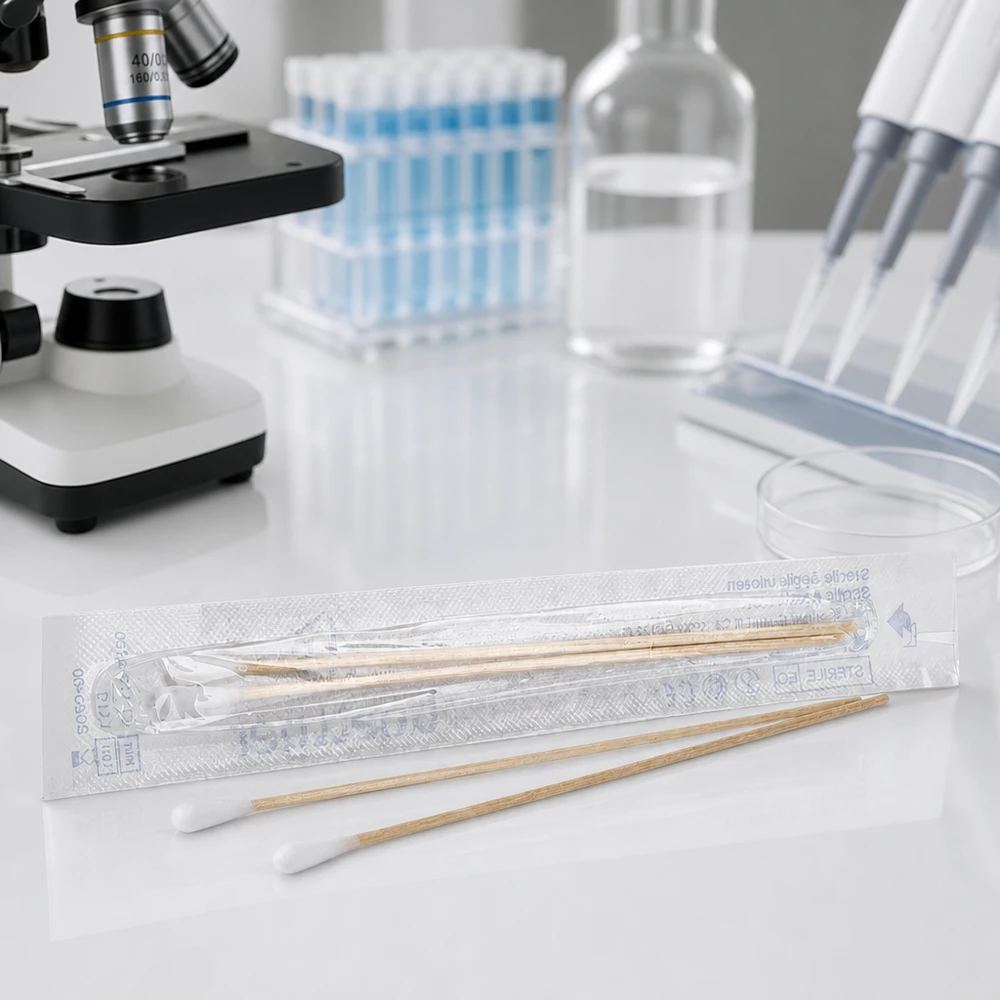 Tamponi di cotone STERILI (2 pezzi) Bastoncini di cotone sterili in laboratorio, accanto al microscopio e alle provette, per applicazioni mediche
