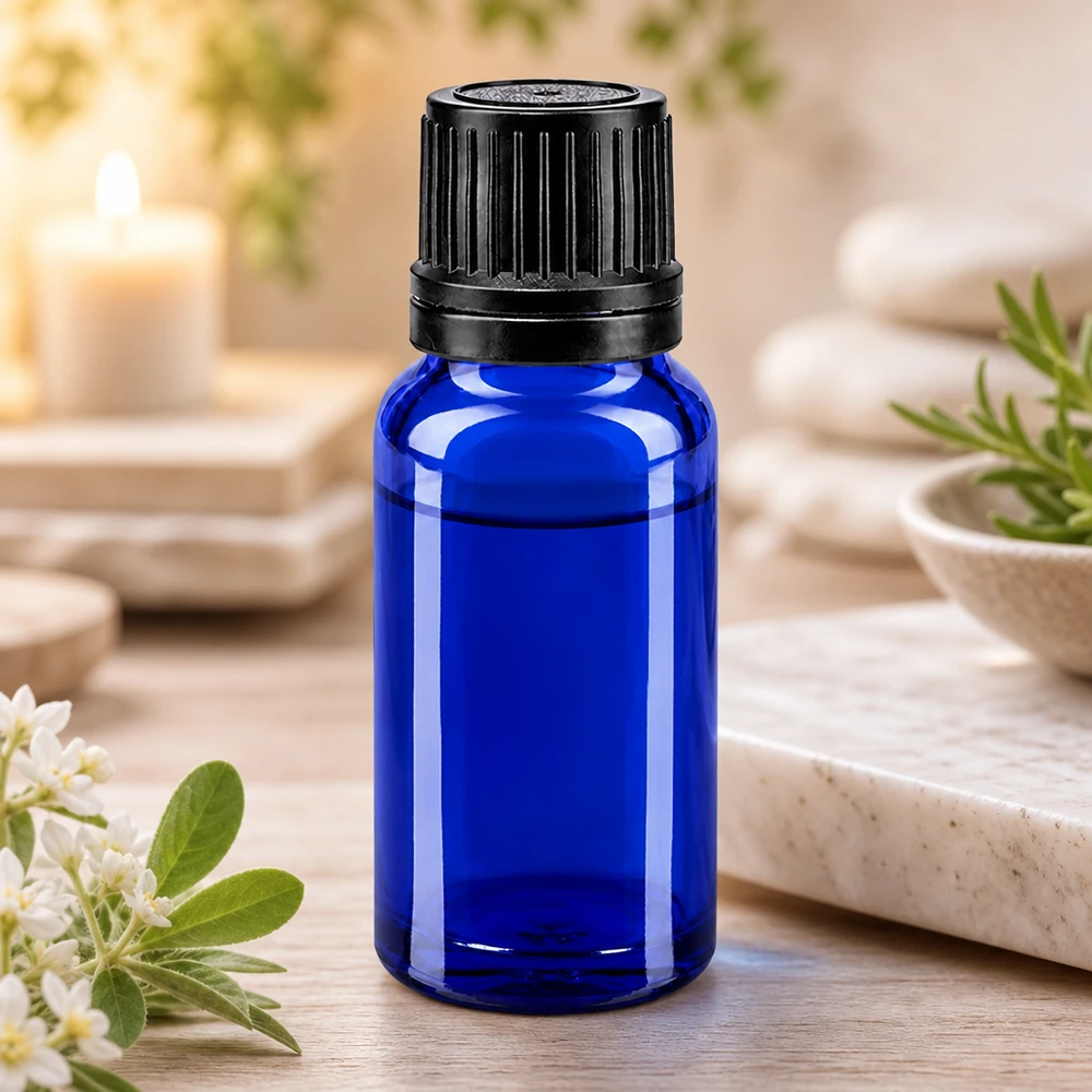 Apothekenflasche blau 10ml Tropfverschluss Giessring 1mm schwarz Originalitätsverschluss Hochwertige blaue 10ml Flasche mit Originalitätsverschluss schwarz und 1mm Tropfer aus Glas