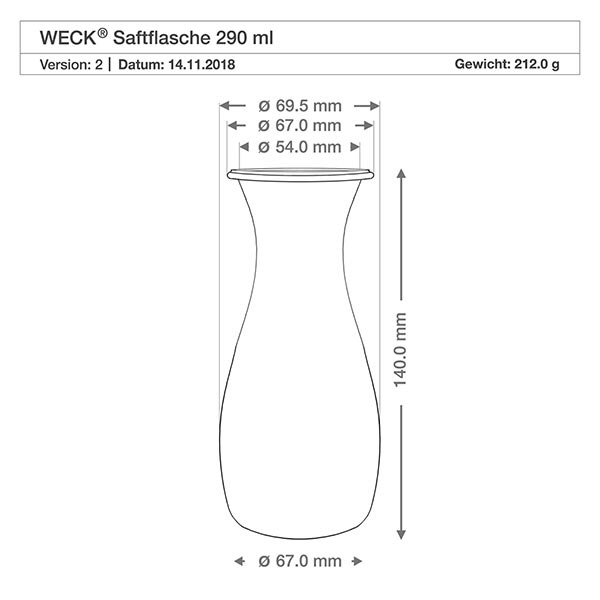 Bottiglia per succhi da 290 ml con tappo salva-freschezza WECK RR60 Disegno tecnico della bottiglia di succo WECK da 290 ml con dimensioni Diametro 69,5 mm Altezza 140 mm Peso 212 g RR60