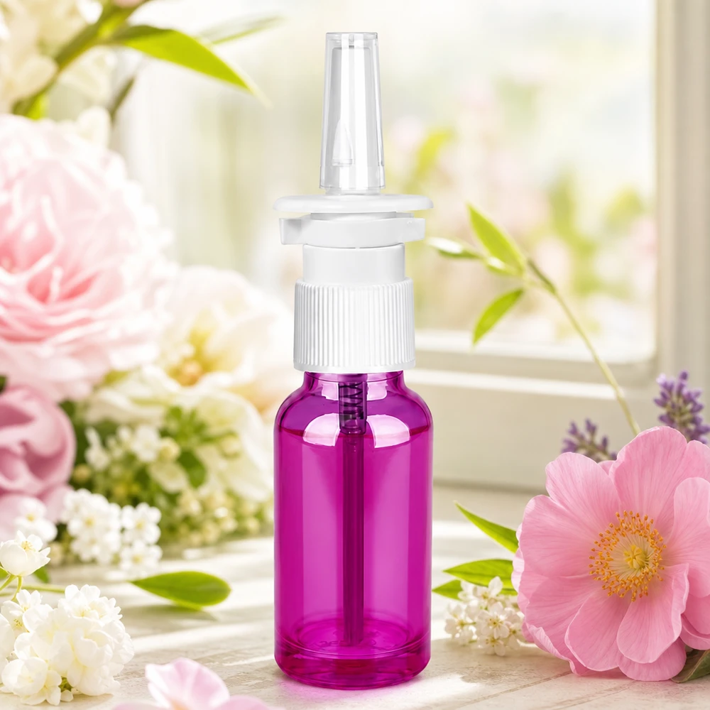 20ml Nasensprayflasche weiß/transparent Standard PurpleLine. UT18/20 Praktische 20ml Nasensprayflasche Purple mit weißem Zerstäuber für hygienische Anwendung