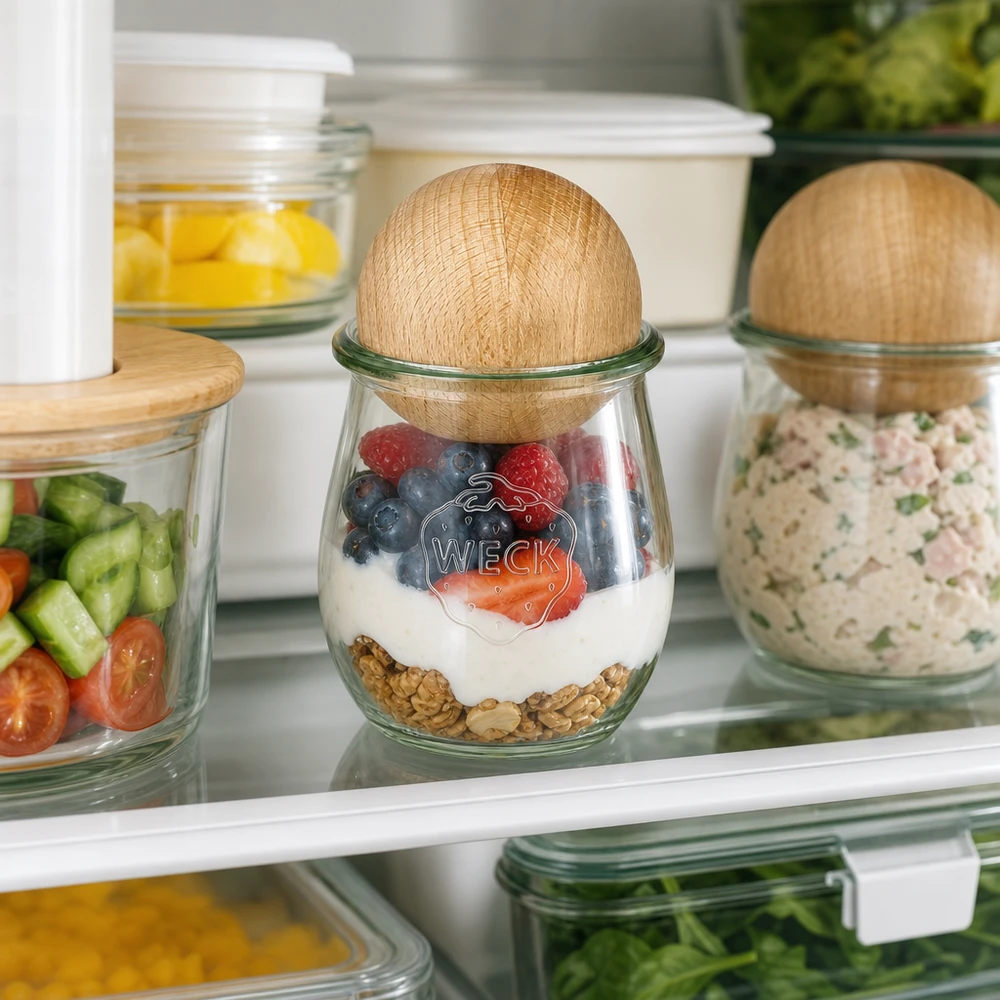 Vaso per tulipani da 220 ml WECK RR60 con sfera in legno di faggio WECK vaso a tulipano 220ml in frigorifero con miscela di yogurt e frutti di bosco, coperchio a sfera in faggio Organizzazione per la conservazione degli alimenti
